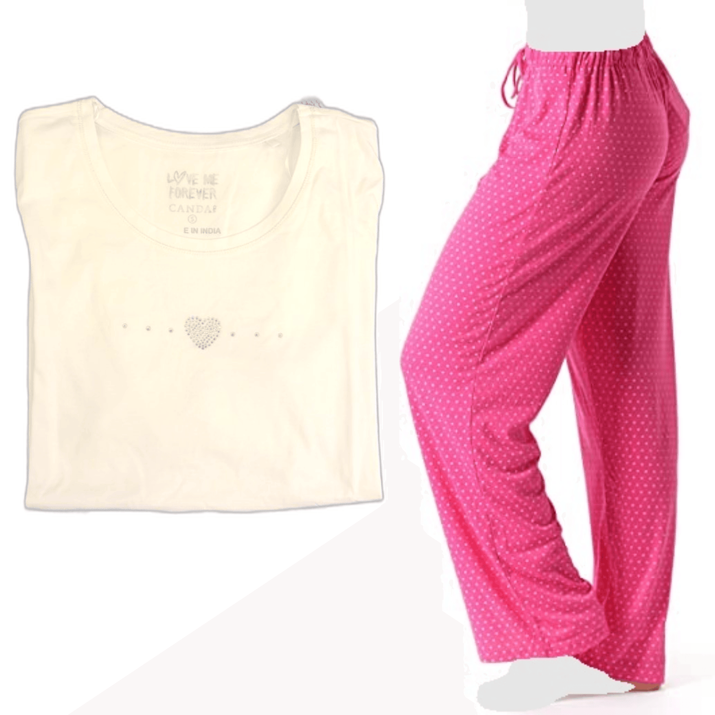 Women's Cozy Pajama Set Hot Pink Polka Dot Pants and Cotton Soft Heart T shirt by Just Love - PremiumBrandGoods