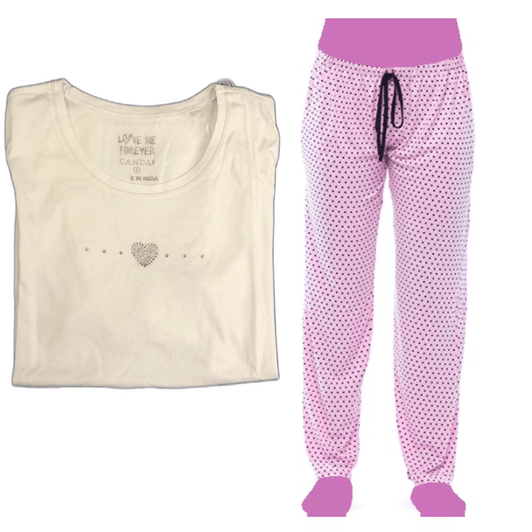 Women's Cozy Pajama Set Pink Polka Dot Pants and Cotton Soft Heart T shirt by Just Love - PremiumBrandGoods