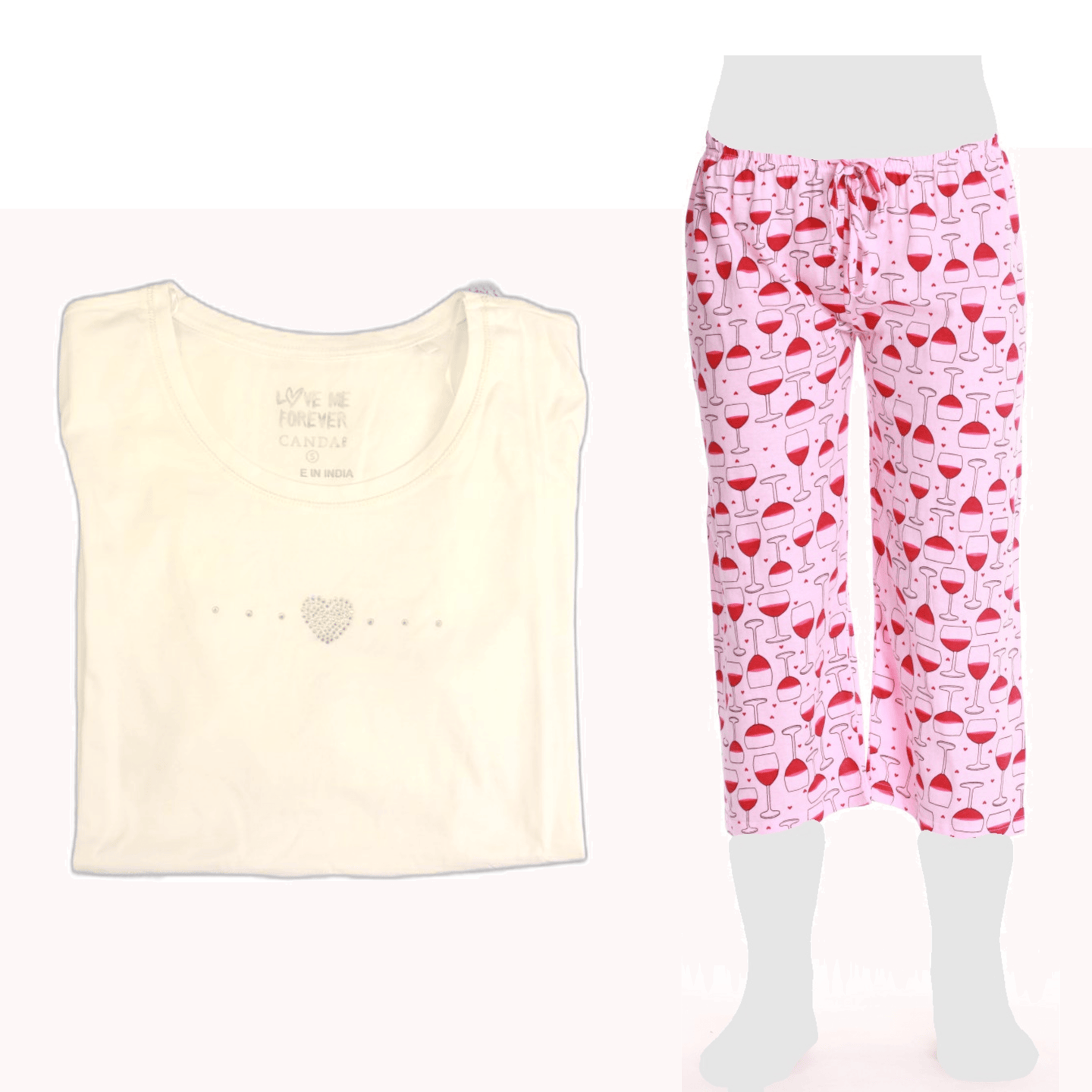 Women's Cozy Pajama Set Pink Wine glass Pants and Cotton Soft Heart T shirt by Just Love - PremiumBrandGoods