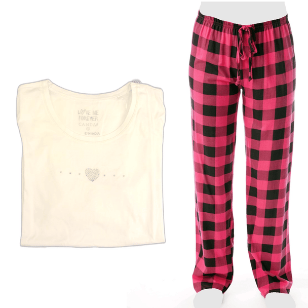 Women's Cozy Pajama Set Pink/Black Plaid Pants and Cotton Soft Heart T shirt by Just Love - PremiumBrandGoods