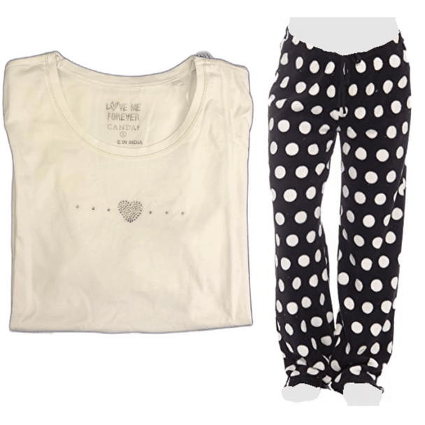 Women's Cozy Pajama Set Plush Black Polka Dot Pants and Cotton Soft Heart T shirt by Just Love - PremiumBrandGoods