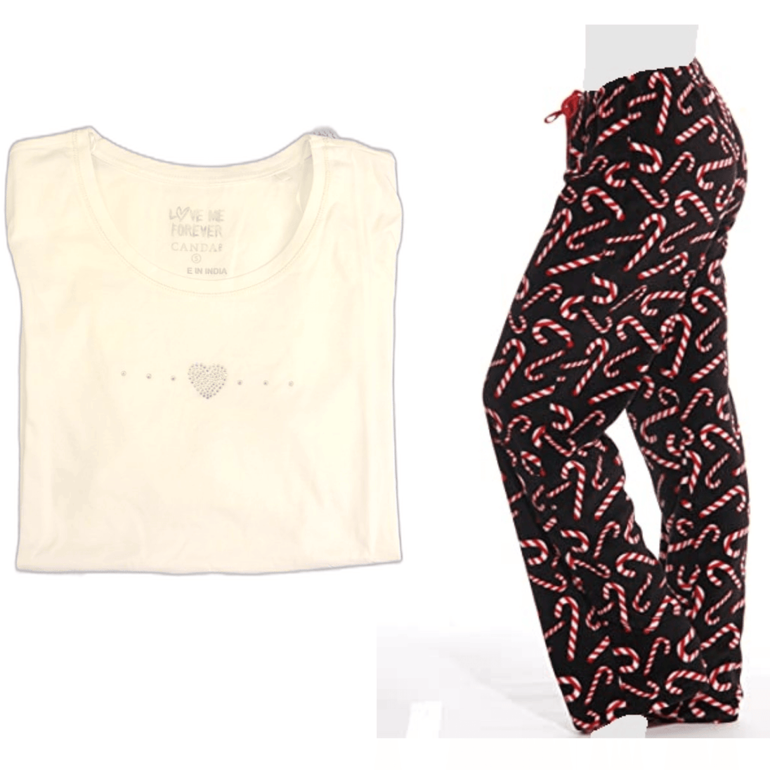 Women's Cozy Pajama Set Plush Candy Cane Pants and Cotton Soft Heart T shirt by Just Love - PremiumBrandGoods