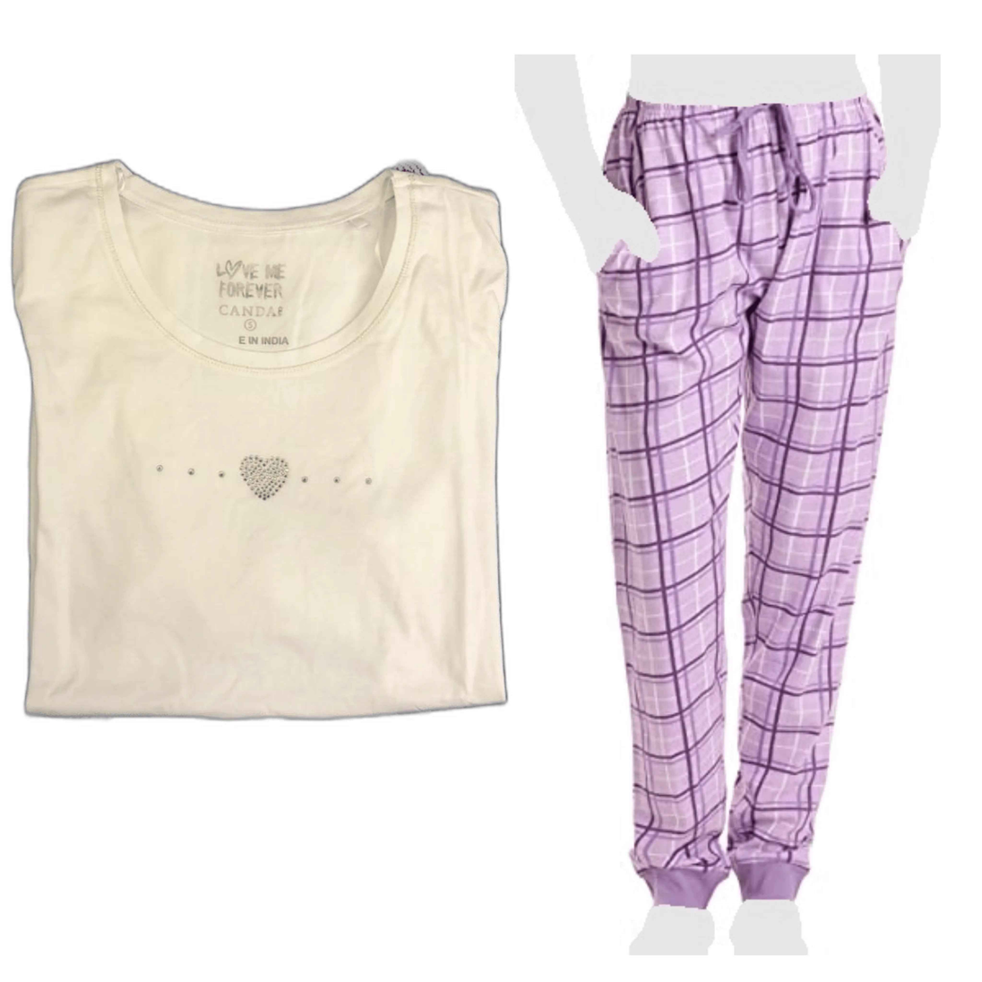 Women s Cozy Pajama Set Purple Plaid Pants and Cotton Soft Heart T shi