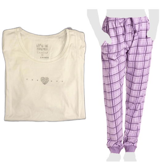 Women's Cozy Pajama Set Purple Plaid Pants and Cotton Soft Heart T shirt by Just Love - PremiumBrandGoods