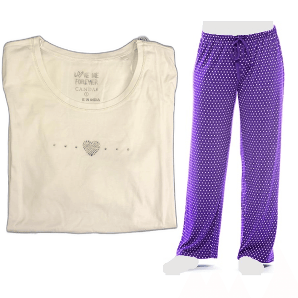 Women's Cozy Pajama Set Purple Polka Dot Pants and Cotton Soft Heart T shirt by Just Love - PremiumBrandGoods