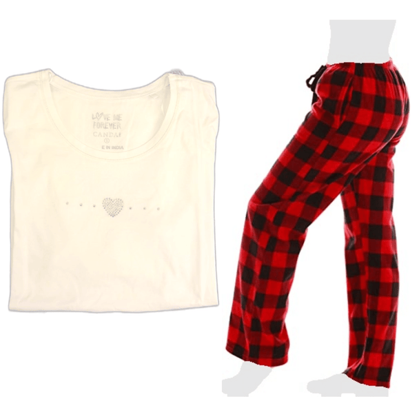 Women's Cozy Pajama Set Red/Black Plaid Pants and Cotton Soft Heart T shirt by Just Love - PremiumBrandGoods